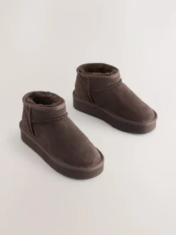 Next Chocolate Brown Standard Fit (F) Flatform Mini Warm Lined Water Repellent Suede Pull-On Boots^ Boots|Boots & Wellies
