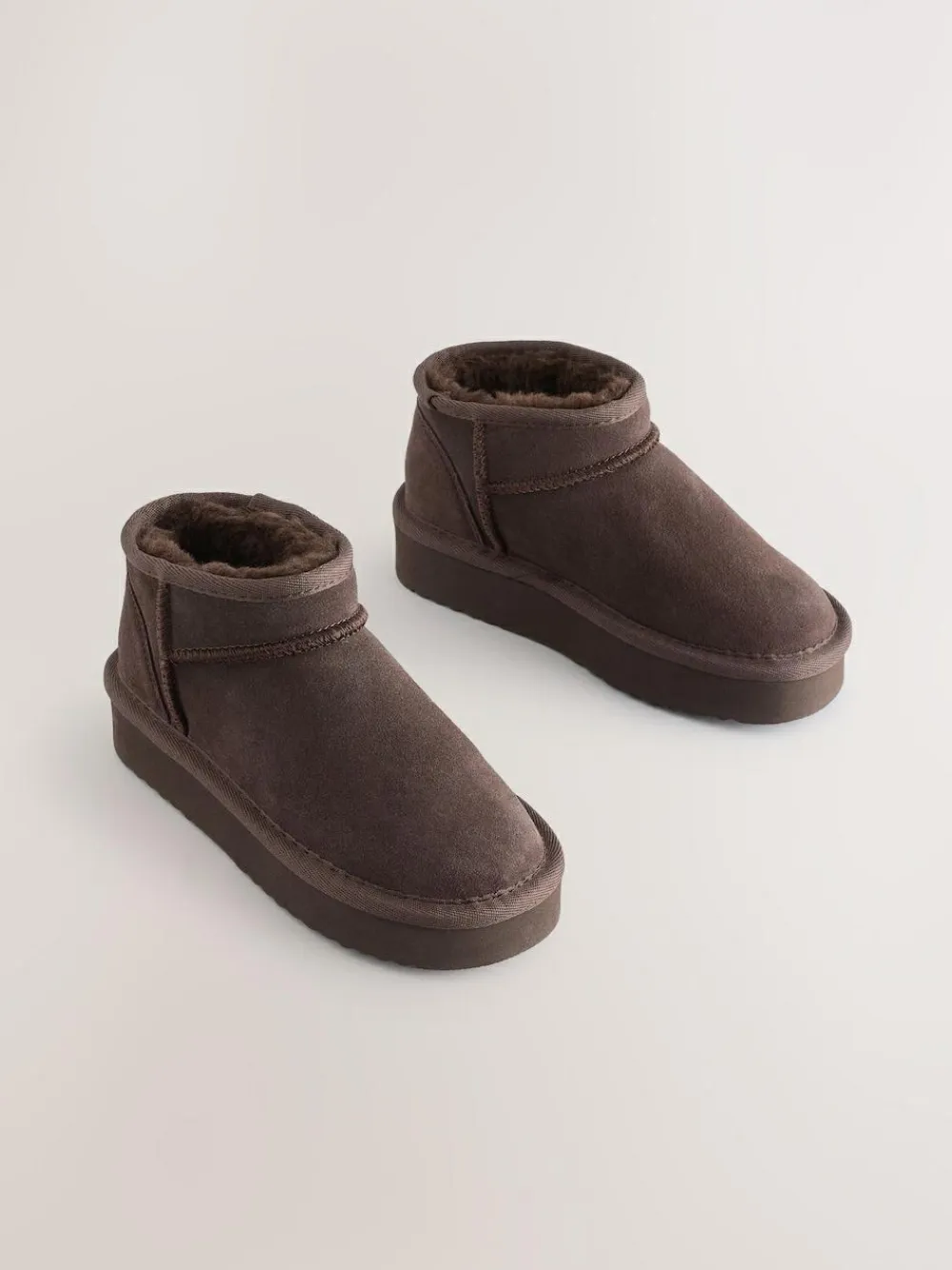 Next Chocolate Brown Standard Fit (F) Flatform Mini Warm Lined Water Repellent Suede Pull-On Boots^ Boots|Boots & Wellies