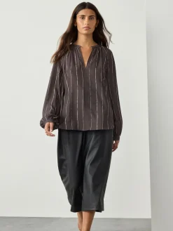 Discount Next Chocolate Brown Stripe Long Sleeve V-Neck Blouse