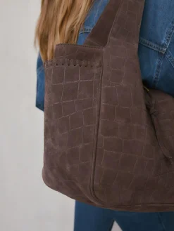 Next Chocolate Brown Suede Croc Effect Shoulder Bag^Women Bags