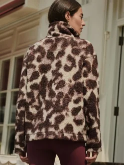 Next Chocolate Brown/Pink Leopard Soft Touch Cosy Teddy Borg Quarter Zip Fleece^Women Loungewear|Hoodies & Sweatshirts