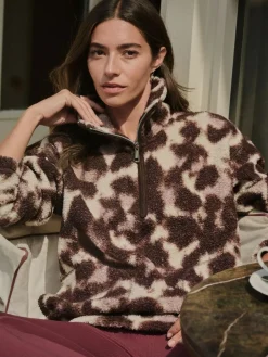 Next Chocolate Brown/Pink Leopard Soft Touch Cosy Teddy Borg Quarter Zip Fleece^Women Loungewear|Hoodies & Sweatshirts
