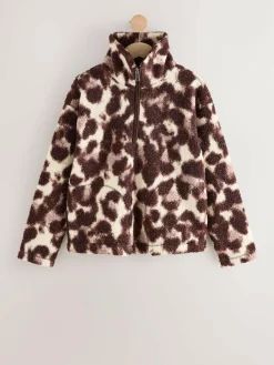 Next Chocolate Brown/Pink Leopard Soft Touch Cosy Teddy Borg Quarter Zip Fleece^Women Loungewear|Hoodies & Sweatshirts