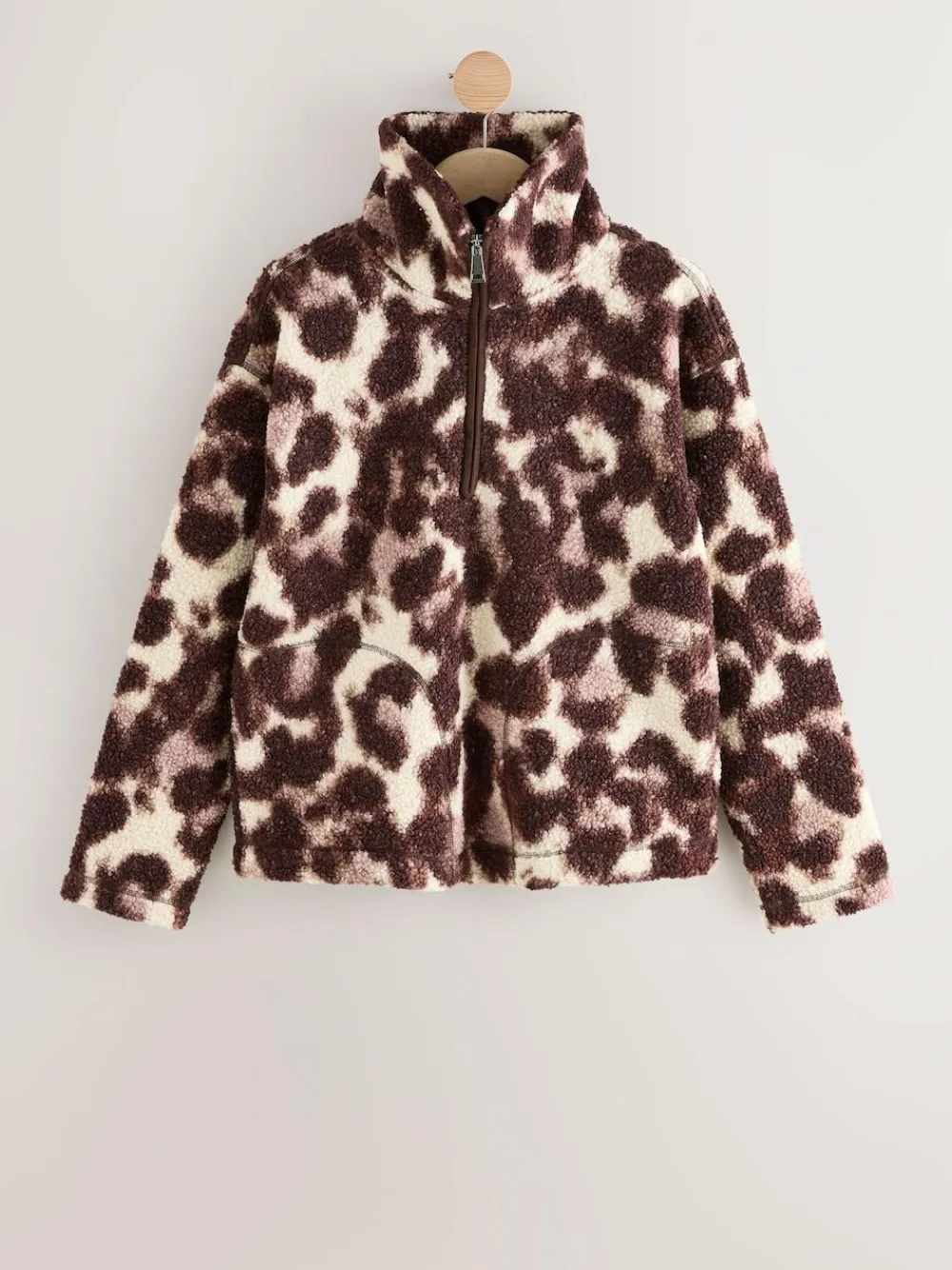 Next Chocolate Brown/Pink Leopard Soft Touch Cosy Teddy Borg Quarter Zip Fleece^Women Loungewear|Hoodies & Sweatshirts