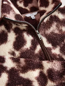 Next Chocolate Brown/Pink Leopard Soft Touch Cosy Teddy Borg Quarter Zip Fleece^Women Loungewear|Hoodies & Sweatshirts