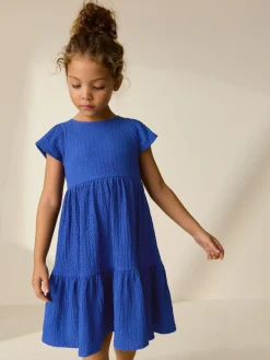 Online Next Angel Sleeve Crinkle Dress (3-16yrs) Cobalt Blue