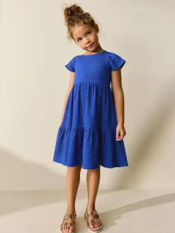 Online Next Angel Sleeve Crinkle Dress (3-16yrs) Cobalt Blue