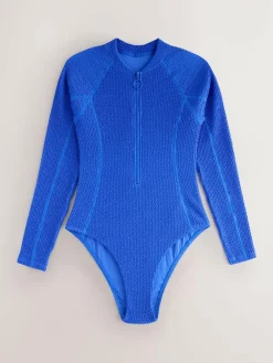 Best Next Long Sleeve Rash Swimsuit Cobalt Blue Crinkle