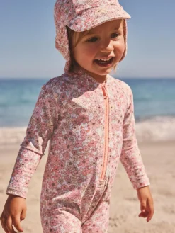 New Next Long Leg Sunsafe Swimsuit (3mths-7yrs) Coral Pink Ditsy Floral