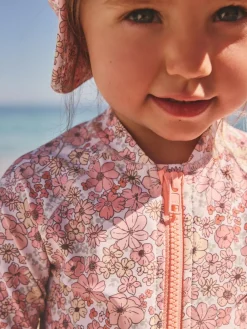 New Next Long Leg Sunsafe Swimsuit (3mths-7yrs) Coral Pink Ditsy Floral