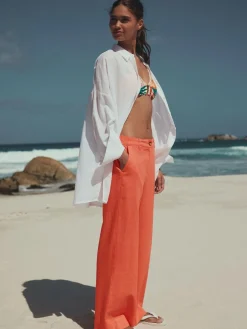 Online Next Smart Front Linen Blend Wide Leg Trousers Coral Pink