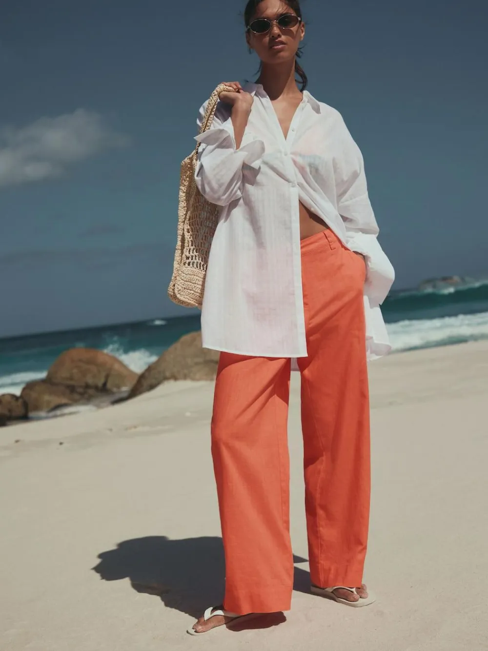 Online Next Smart Front Linen Blend Wide Leg Trousers Coral Pink