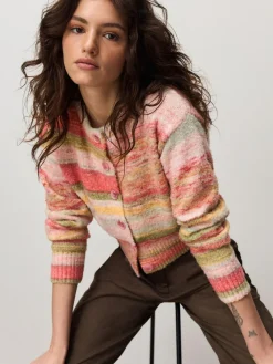 Outlet Next Spacedye Knitted Crew Neck Cardigan Coral Pink/Orange