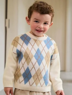 New Next Knitted Crew Neck Cotton Jumper (3mths-7yrs) Cream Argyle