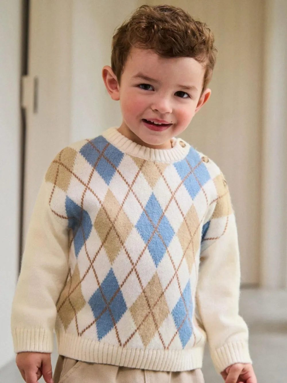 New Next Knitted Crew Neck Cotton Jumper (3mths-7yrs) Cream Argyle