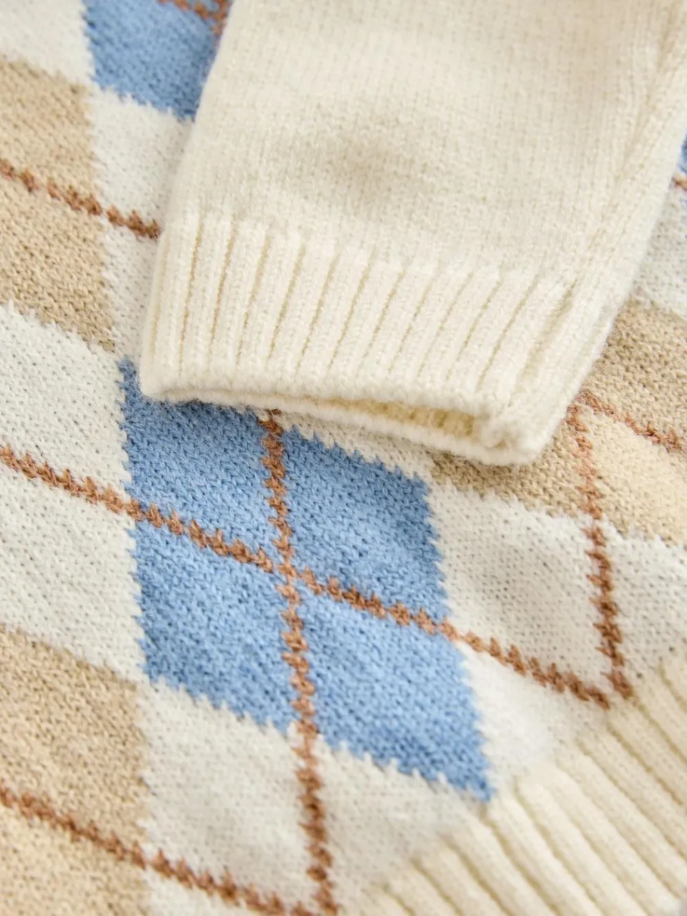 New Next Knitted Crew Neck Cotton Jumper (3mths-7yrs) Cream Argyle