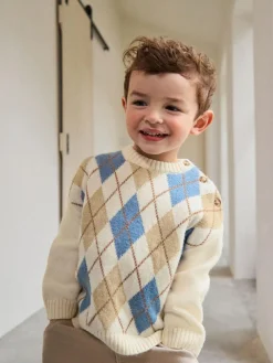 New Next Knitted Crew Neck Cotton Jumper (3mths-7yrs) Cream Argyle