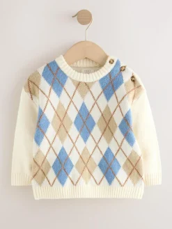 New Next Knitted Crew Neck Cotton Jumper (3mths-7yrs) Cream Argyle