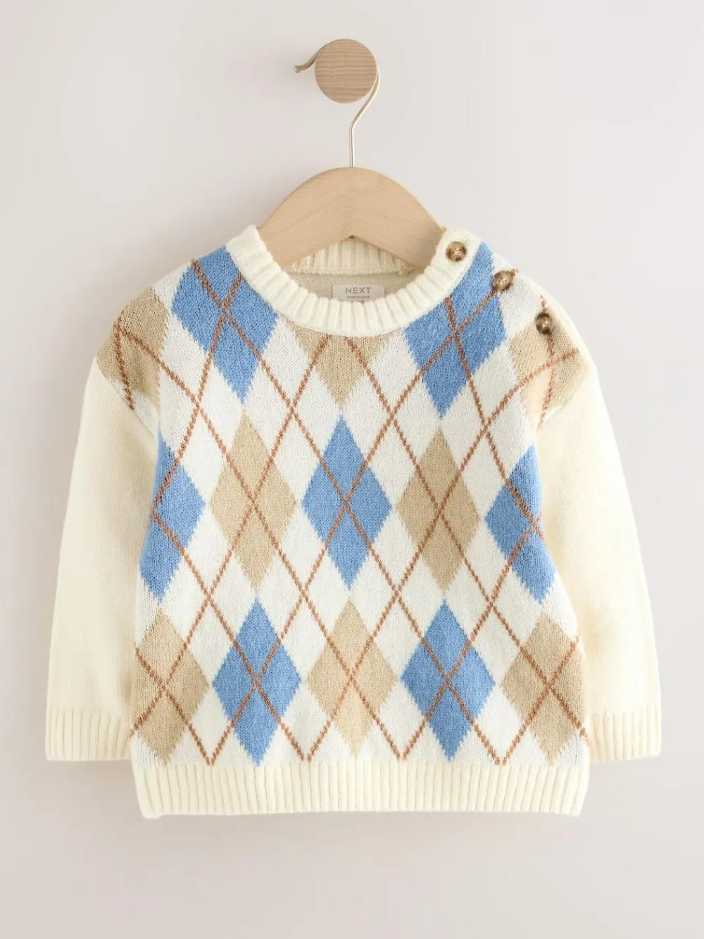 New Next Knitted Crew Neck Cotton Jumper (3mths-7yrs) Cream Argyle