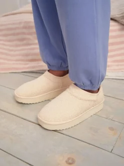 Hot Next Flatform Shoot Fleece Lined Slippers Cream Borg