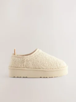 Hot Next Flatform Shoot Fleece Lined Slippers Cream Borg