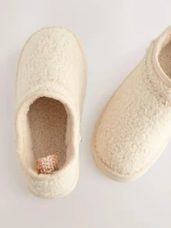 Hot Next Flatform Shoot Fleece Lined Slippers Cream Borg