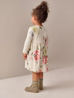 Best Next Cream Floral Long Sleeve Ribbed Dress (3mths-7yrs)