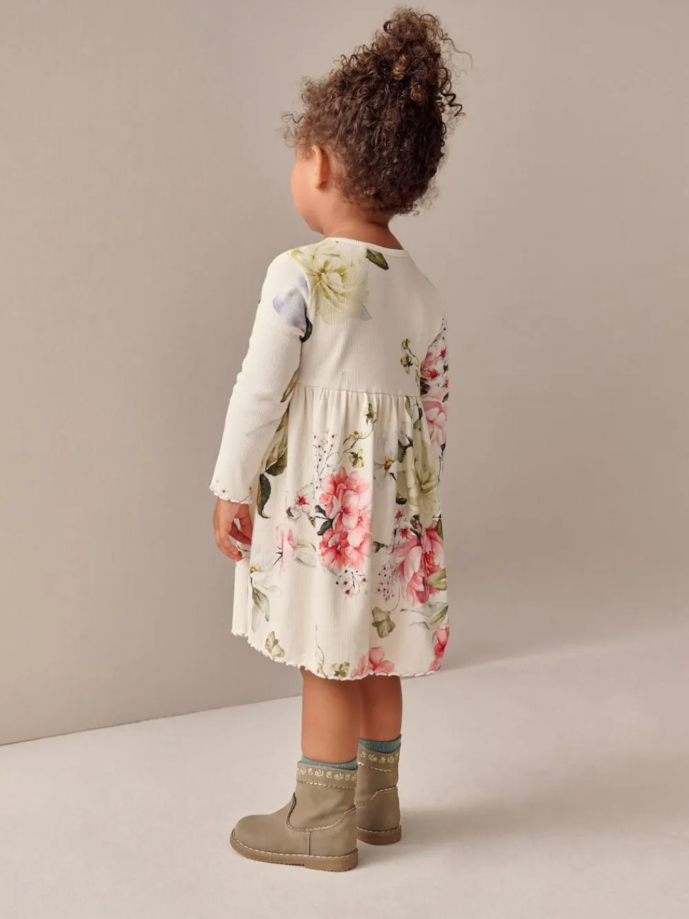 Best Next Cream Floral Long Sleeve Ribbed Dress (3mths-7yrs)