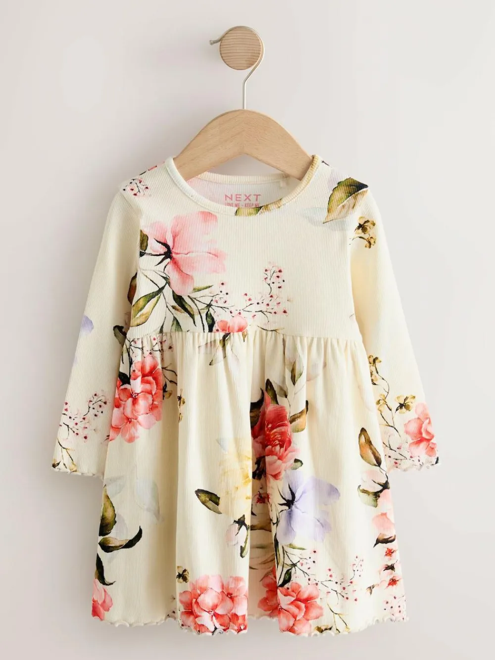 Best Next Cream Floral Long Sleeve Ribbed Dress (3mths-7yrs)
