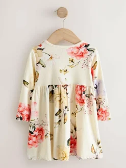 Best Next Cream Floral Long Sleeve Ribbed Dress (3mths-7yrs)