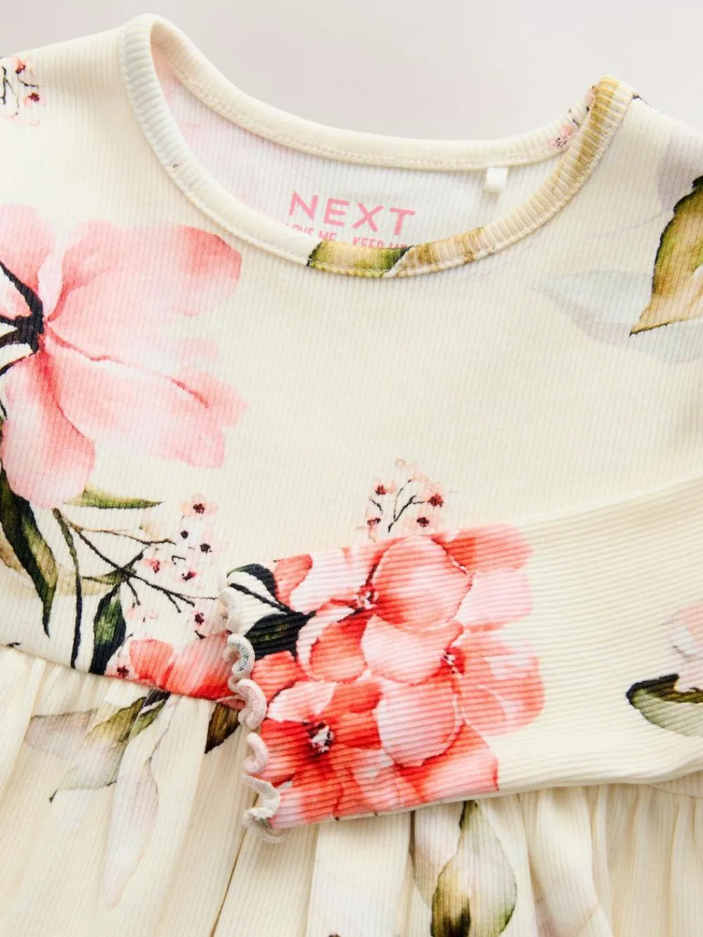 Best Next Cream Floral Long Sleeve Ribbed Dress (3mths-7yrs)