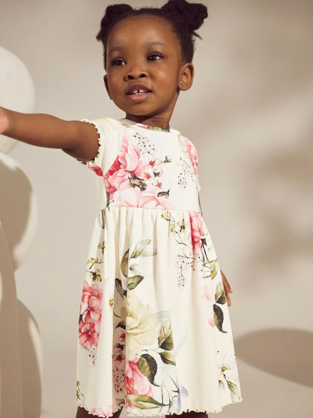 Sale Next Cream Floral Short Sleeve Rib Summer Dress (3mths-7yrs)