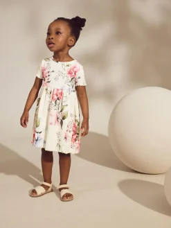 Sale Next Cream Floral Short Sleeve Rib Summer Dress (3mths-7yrs)
