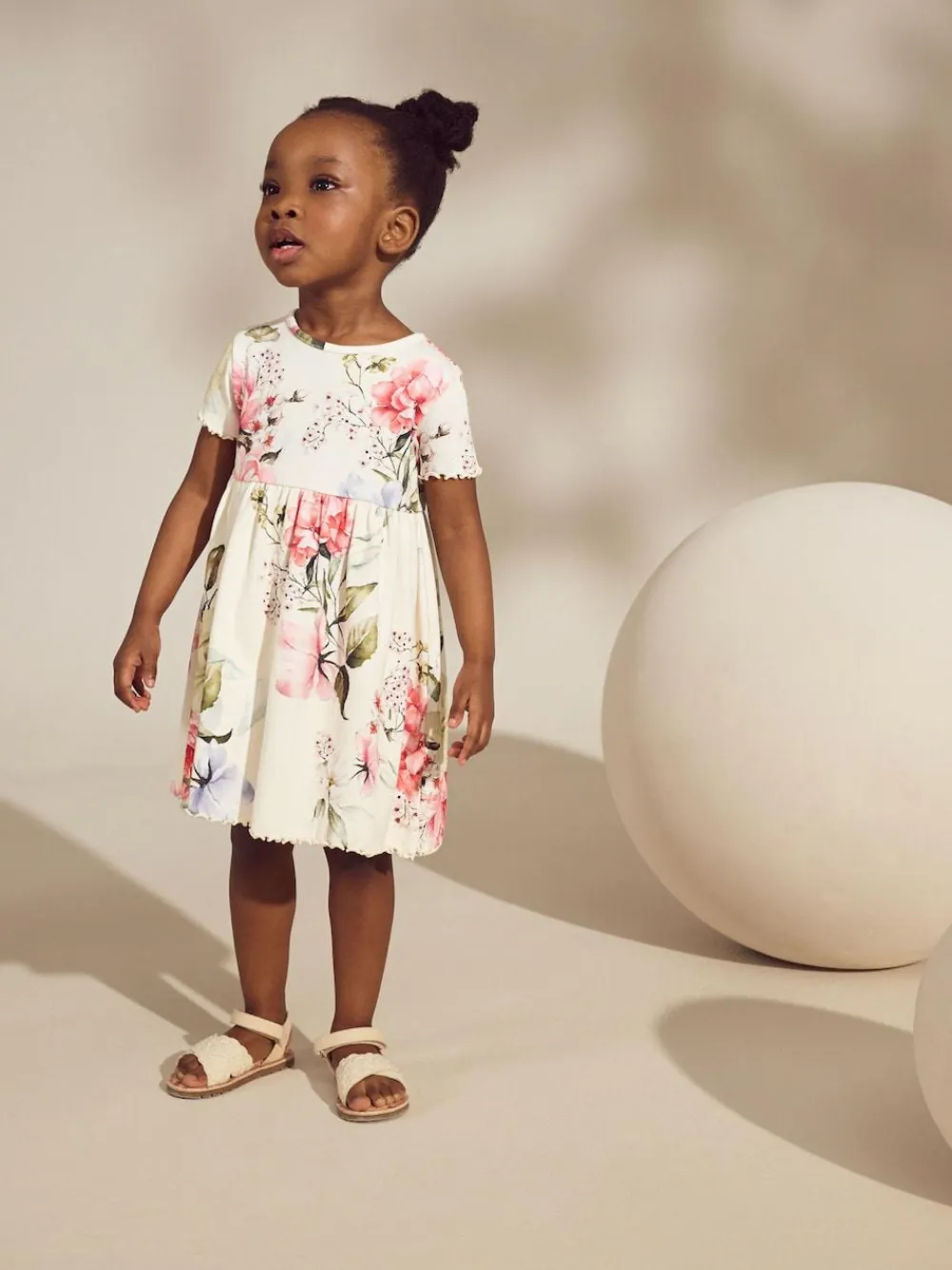 Sale Next Cream Floral Short Sleeve Rib Summer Dress (3mths-7yrs)