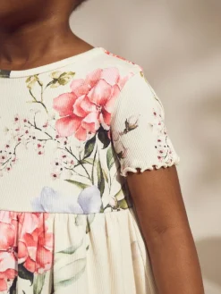 Sale Next Cream Floral Short Sleeve Rib Summer Dress (3mths-7yrs)