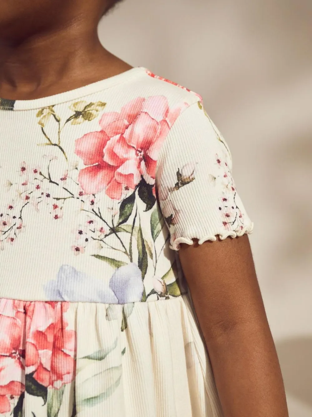 Sale Next Cream Floral Short Sleeve Rib Summer Dress (3mths-7yrs)