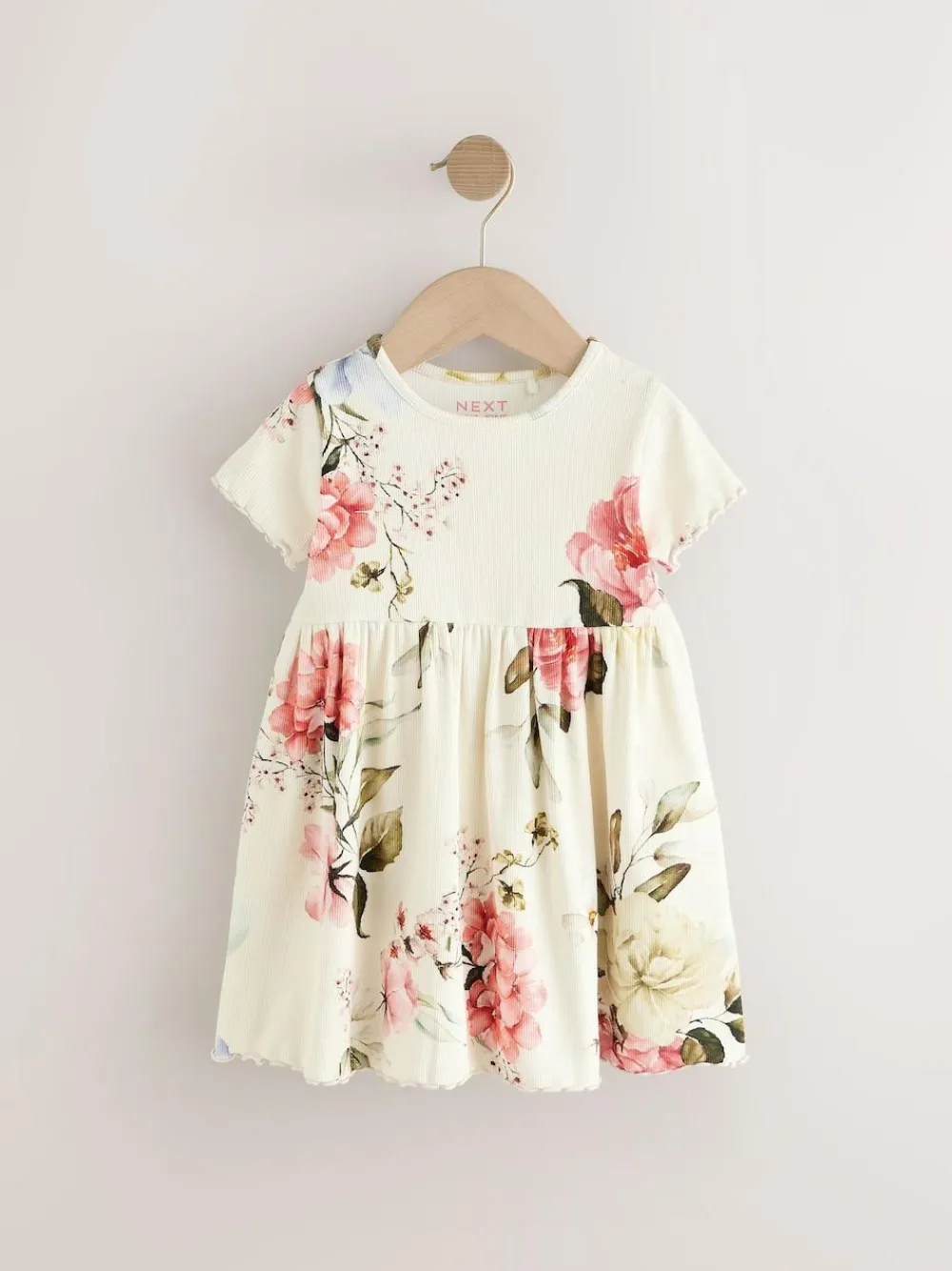 Sale Next Cream Floral Short Sleeve Rib Summer Dress (3mths-7yrs)
