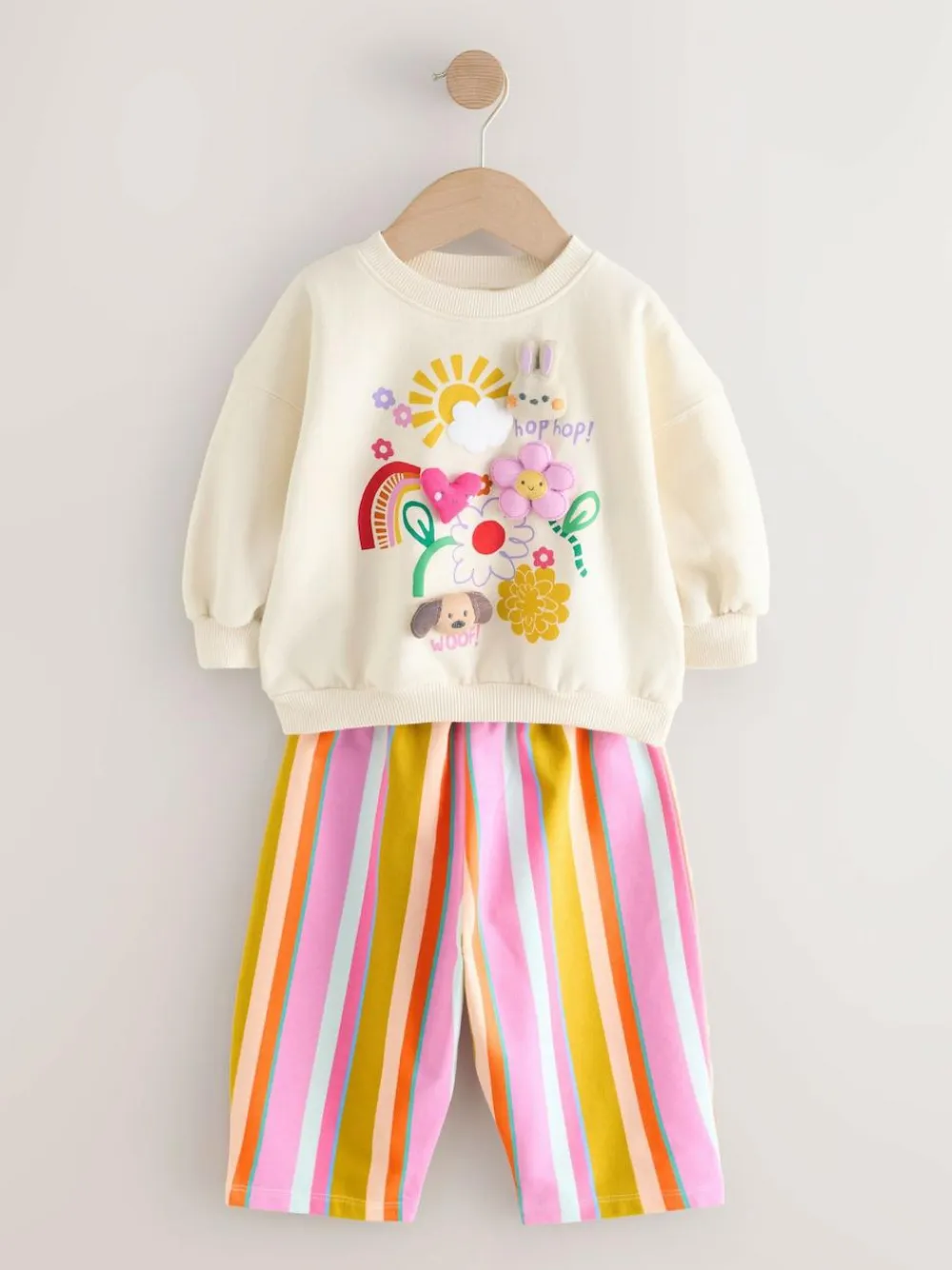 Next Cream Stripe Padded Characters Sweatshirt and Barrel Leg Joggers Set (3mths-7yrs)^ Baby Girls|Baby Winter Clothing