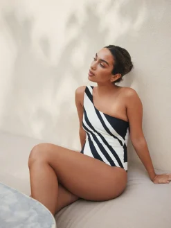 Discount Next Cream/Black Stripe One Shoulder Tummy Control Swimsuit