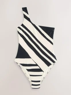 Discount Next Cream/Black Stripe One Shoulder Tummy Control Swimsuit