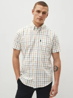 Next Cream/Blue Tattersall Check Easy Iron Button Down Short Sleeve Oxford Shirt^ Shirts