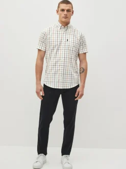 Next Cream/Blue Tattersall Check Easy Iron Button Down Short Sleeve Oxford Shirt^ Shirts