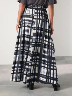 New Next Satin Pleated Maxi Skirt Cream/Navy Check