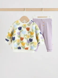 Outlet Next Baby Fleece Tops and Leggings Set 2 Piece (0mths-2yrs) Cream/Purple Tulip