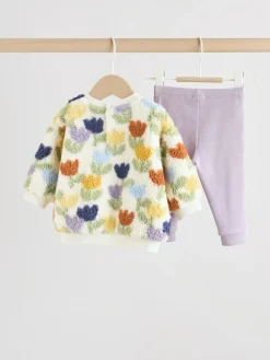Outlet Next Baby Fleece Tops and Leggings Set 2 Piece (0mths-2yrs) Cream/Purple Tulip