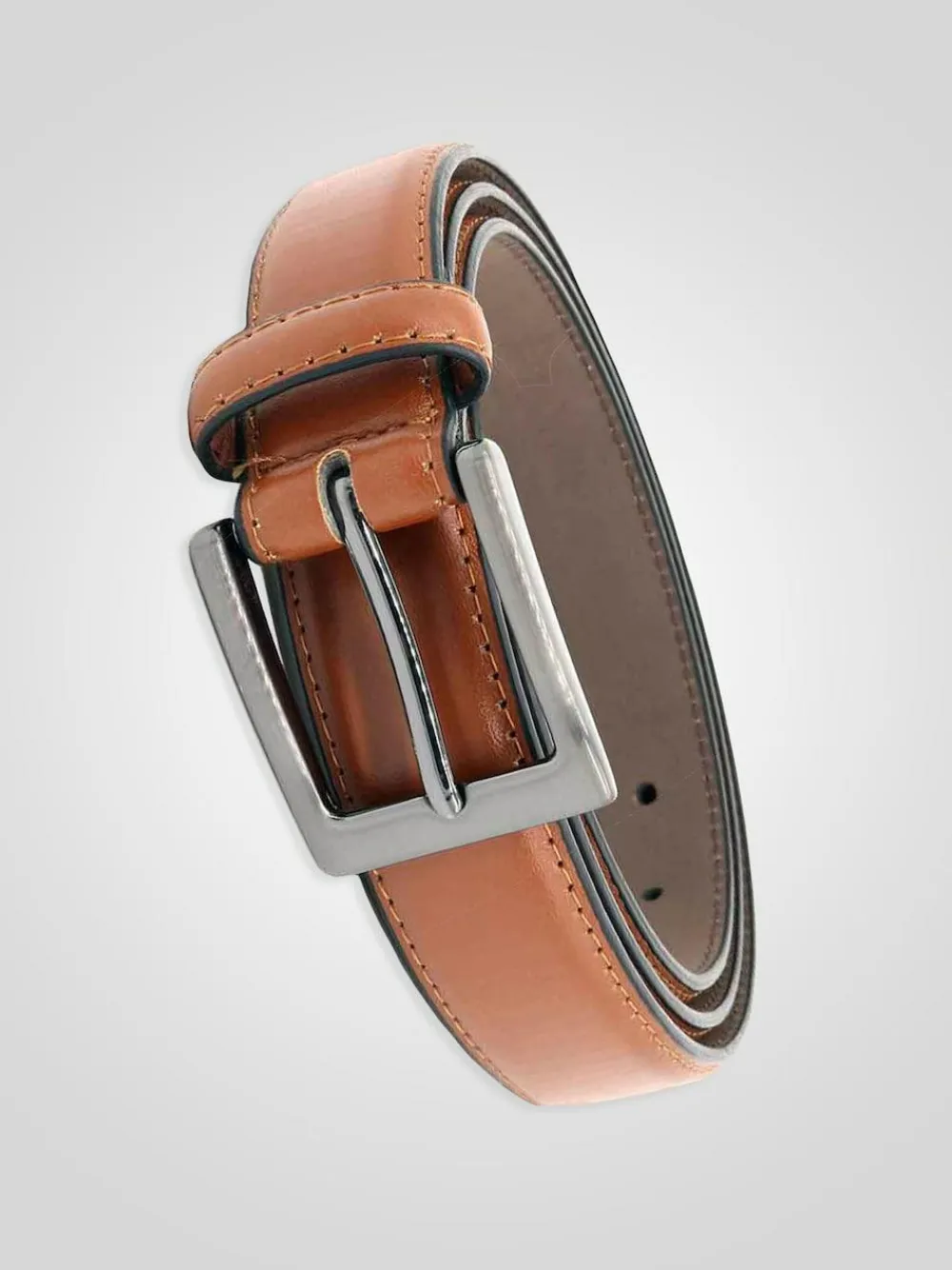 D555 Brown ANTHONY Square Buckle Edge Stitched Faux 2.7 Cm Width Leather Belt