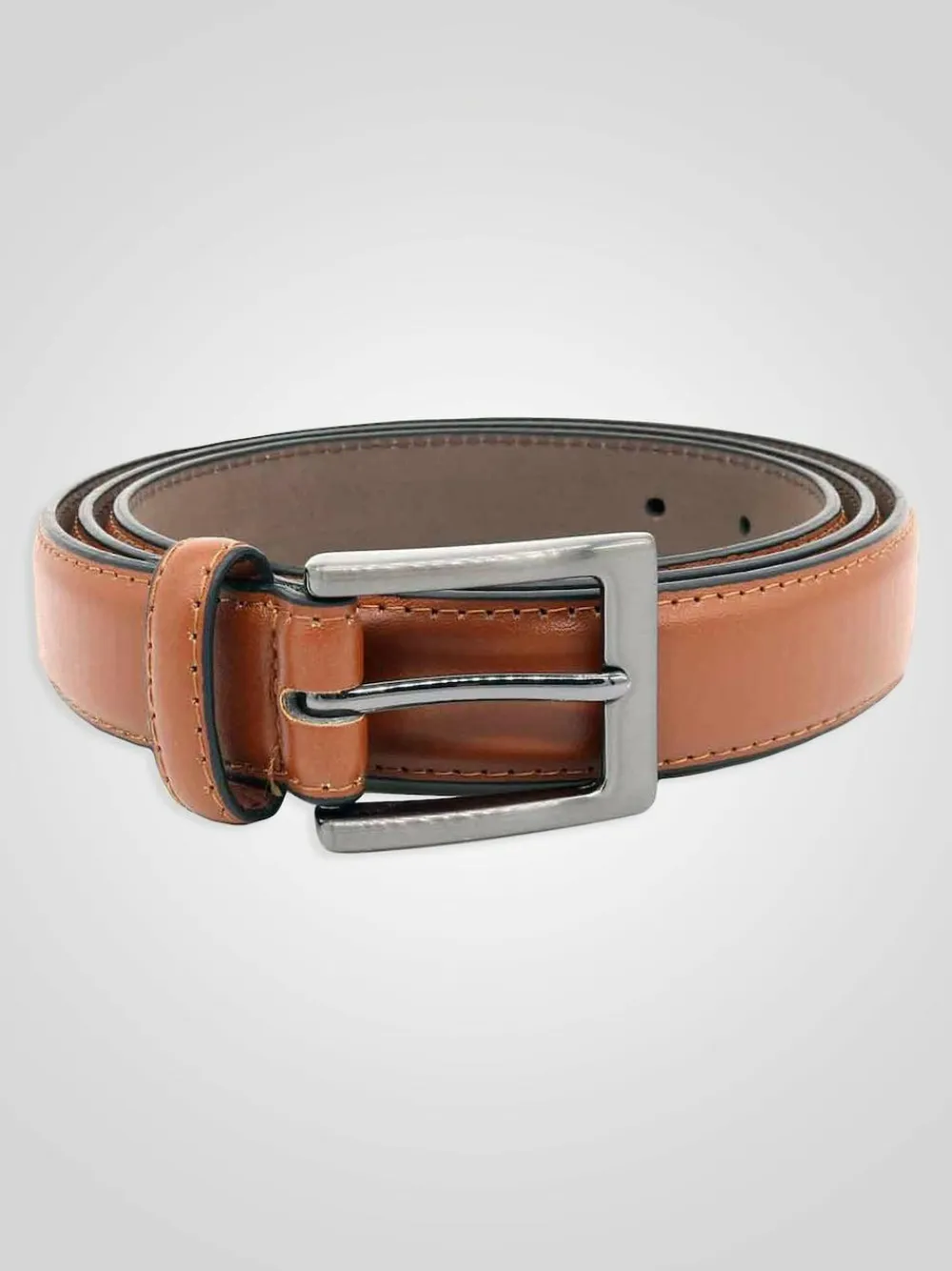 D555 Brown ANTHONY Square Buckle Edge Stitched Faux 2.7 Cm Width Leather Belt