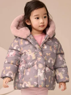 Online Next Shower Resistant Faux Fur Trim Padded Coat (3mths-7yrs) Damson Unicorn
