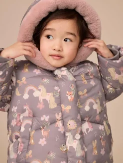 Online Next Shower Resistant Faux Fur Trim Padded Coat (3mths-7yrs) Damson Unicorn