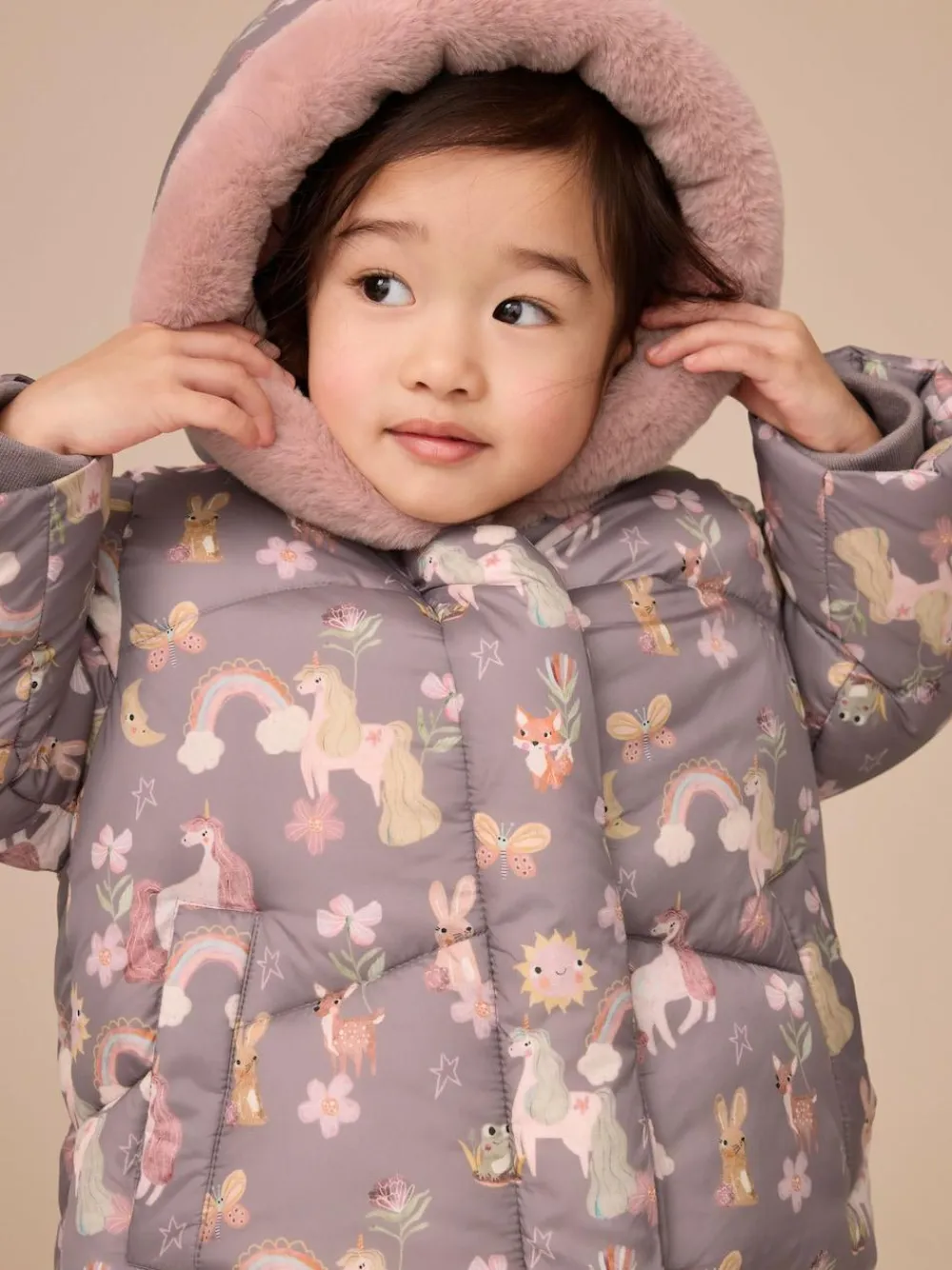 Online Next Shower Resistant Faux Fur Trim Padded Coat (3mths-7yrs) Damson Unicorn